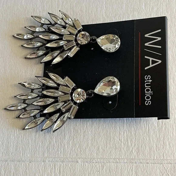 NWT WA Studios Crystal Silver Statement Earrings - Picture 3 of 5